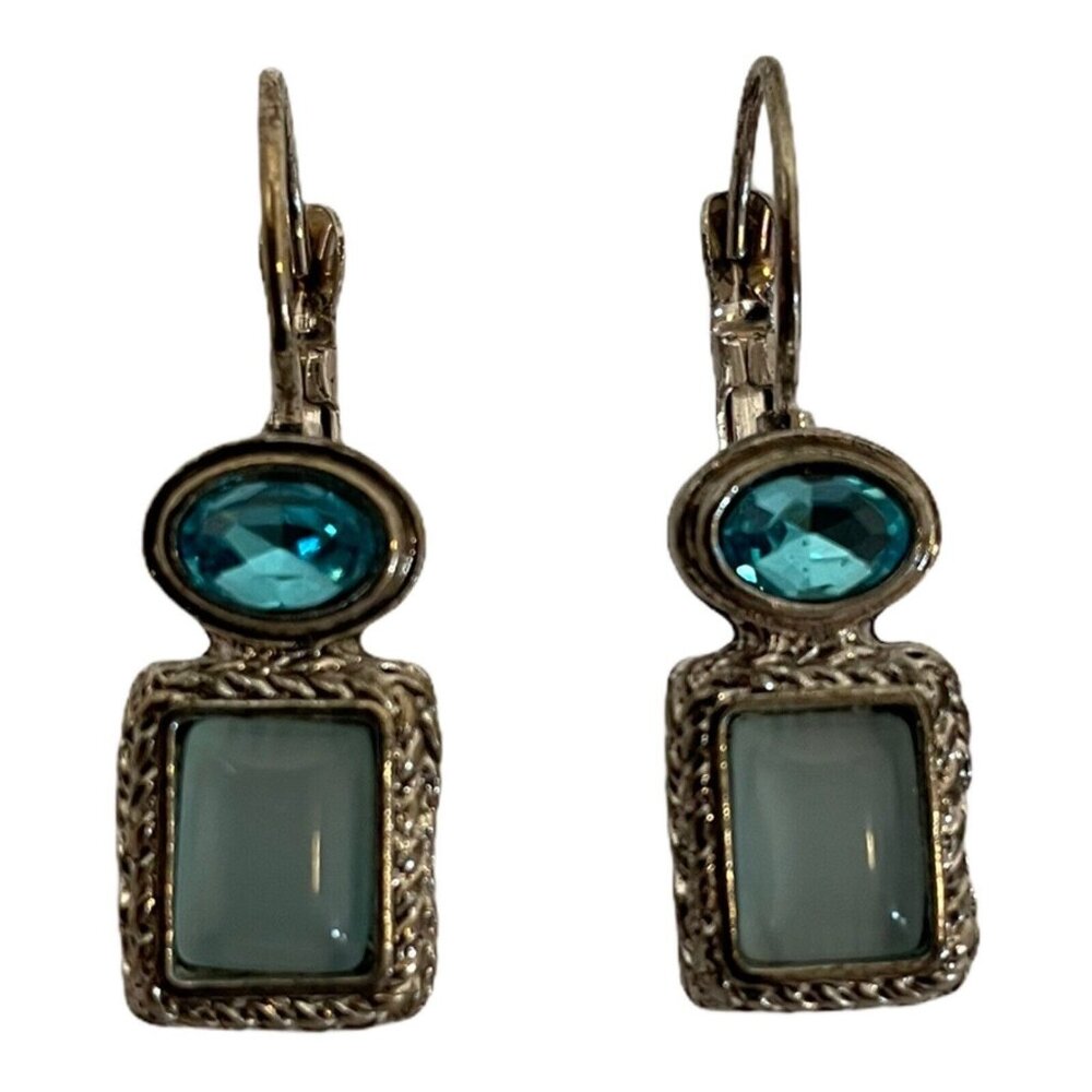 Vintage‎ Women Silver Drop Earrings With Blue & Aqua Stones Leverback Closures